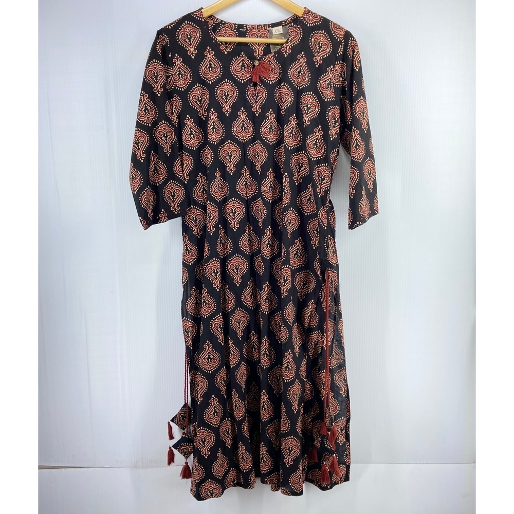 Pri Collection Indian Kurti Kurta Black Red Paisley Heart Tassels Womens XXL NWT